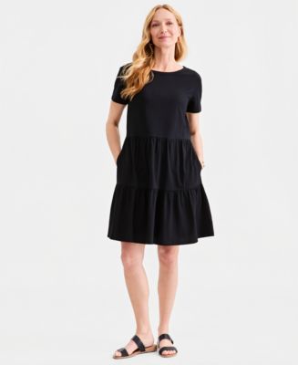 tiered knit dress Black Striped Knit Top Tiered Midi Dress