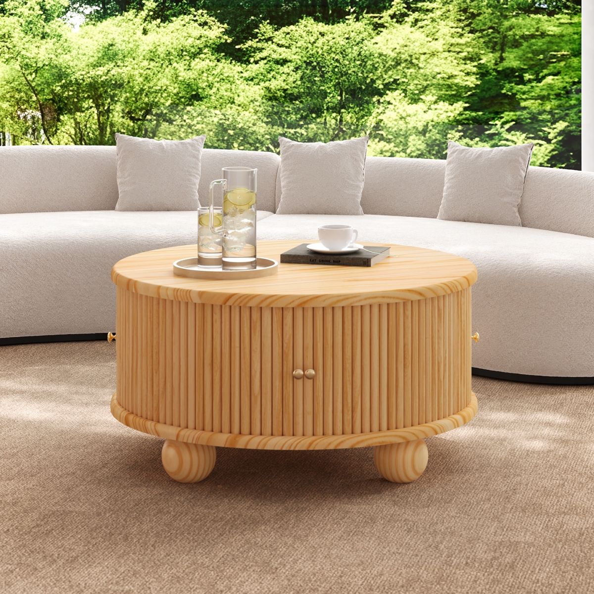 Streamdale Furniture Round Fluted Coffee Table with Storage, Pine Solid Wood, 31.8