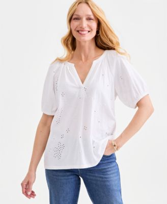 Women's Short-Sleeve Eyelet Knit Top