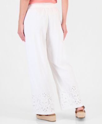 Women's Embroidery Linen Blend Pull-On Pants
