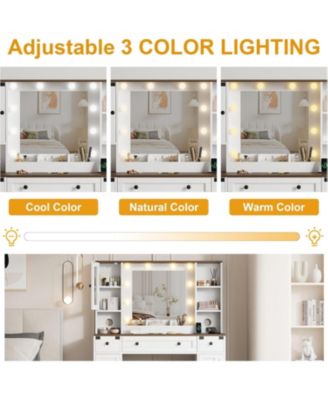 Makeup Vanity and Stool - Vanity Desk with Lights in 3 Colors - Vanity Table with Charging Station - 6 Drawers and Cabinets