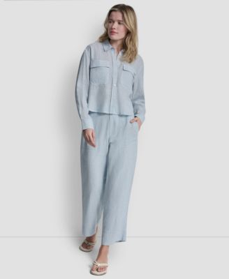 Women's Linen-Blend Cropped Long-Sleeve Shirt