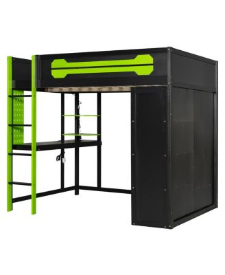 Full Size Wood Loft Bed with Desk, Open Wardrobe and RGB Light