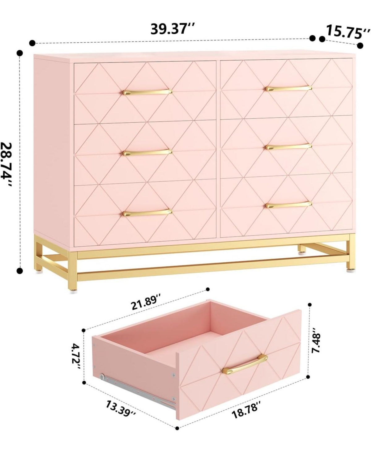 6 Dresser Bedroom with Large Capacity, Chest of Drawers Wooden Dresser with Metal Handle, Pink Dresser for Bedroom,Living Room,Hallway and Entryway