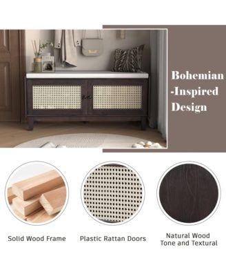 Rattan Shoe Storage Bench, Wooden Shoe Organizer with Cushion, 2 Doors, 2-Tier Shoe Rack and Adjustable Shelves for Entryway, Hallway