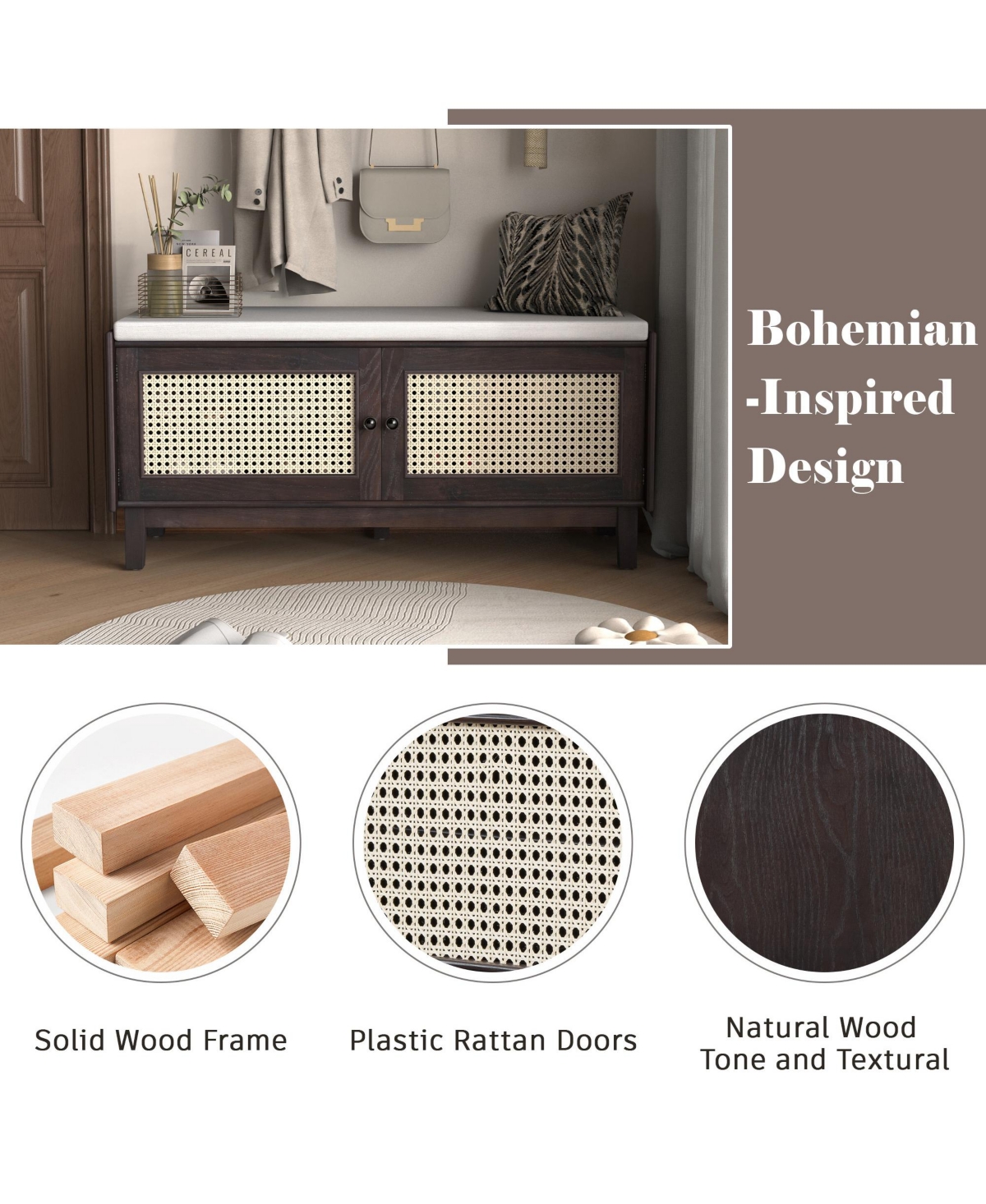 Rainsken Rattan Shoe Storage Bench, Wooden Shoe Organizer with Cushion, 2 Doors, 2-Tier Shoe Rack and Adjustable Shelves for Entryway, Hallway