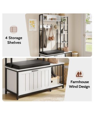 Hall Tree Coat Rack - Flip-top Shoe Cabinet, 5 Storage Compartments, Cushioned Bench, 4 Hooks for Entryway, Hallway