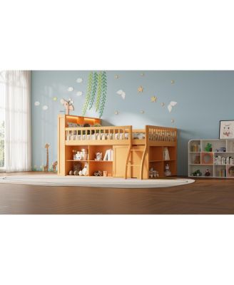 Full Size Loft Bed with Storage, Headboard with LED Light, Natural