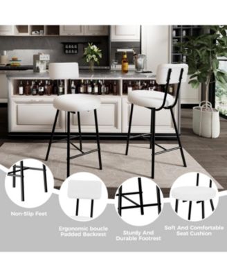 Set of 2 Upholstered Counter Height Bar Stools – Round Seat, Back and Footrest