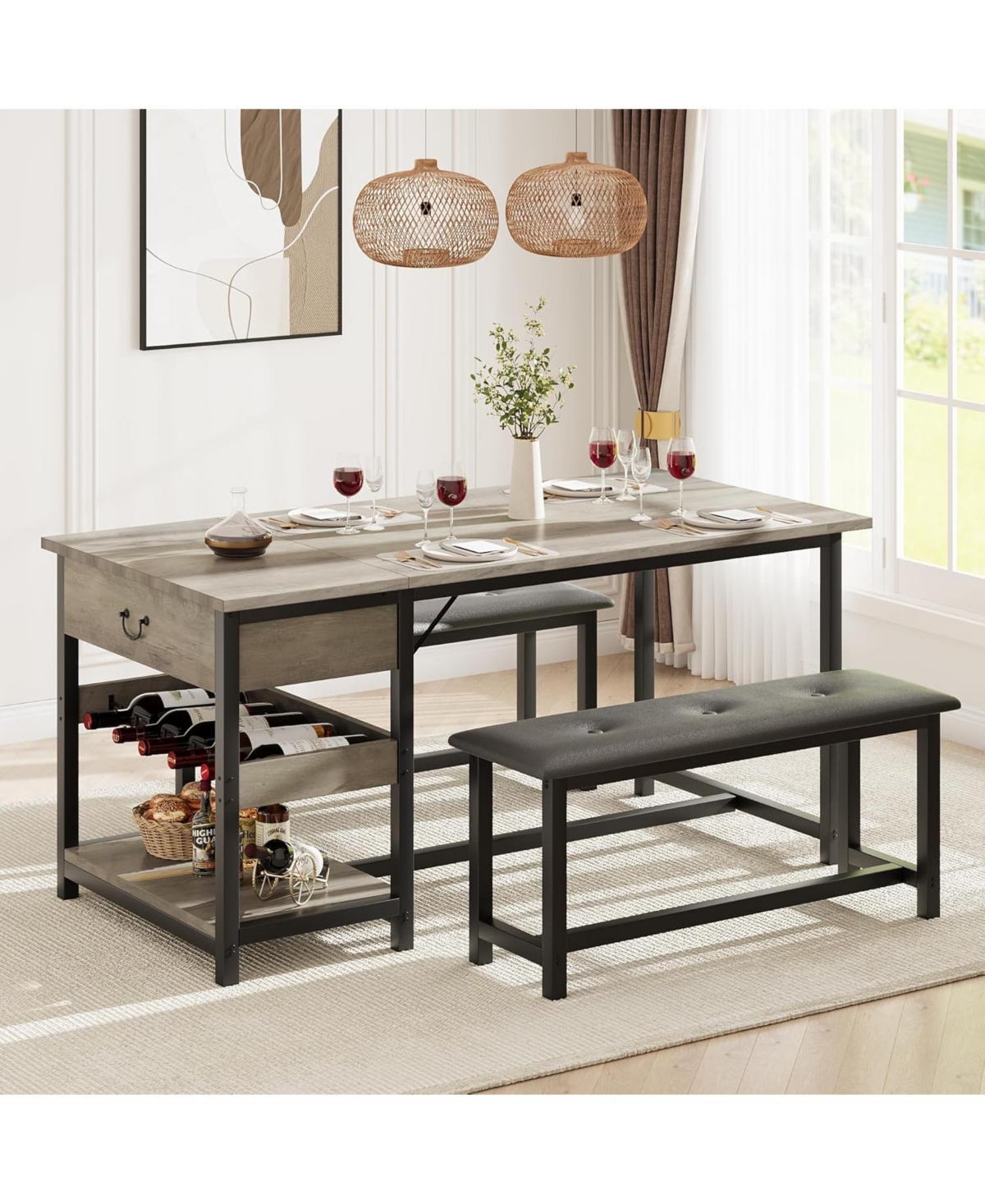gaomon Dining Table Set for 4 Kitchen Dining Table Set with Upholstered Benches, Storage Drawers and Wine Rack