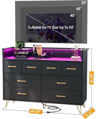  Dresser for Bedroom with LED Light & Charging Station, 8 Drawers Wooden Dressers with Open Space, Modern Chest of Wide Drawers