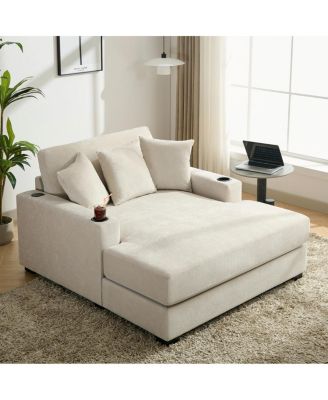 Oversized Chenille Chaise Lounger with Built-in Charge Station