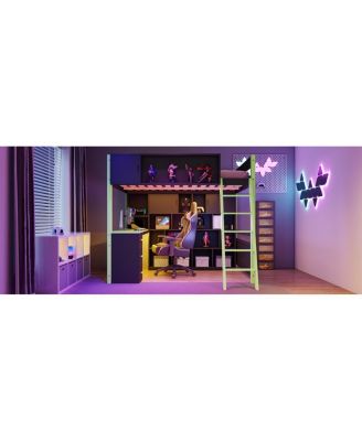  Full Size Wood Loft Bed with Desk, Ample Storage Space