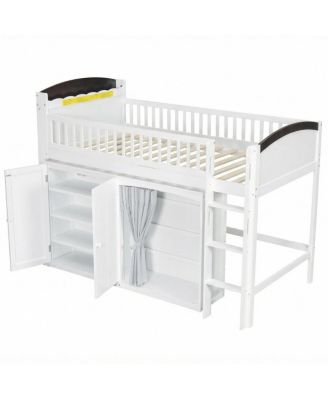 Loft Bed with Storage Cabinet, Wardrobe and LED, White and Espresso