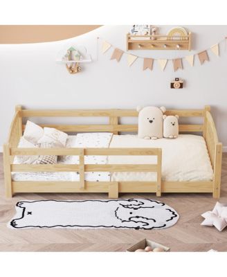  Twin Montessori Floor Bed with Slats, Guardrails, and Fence