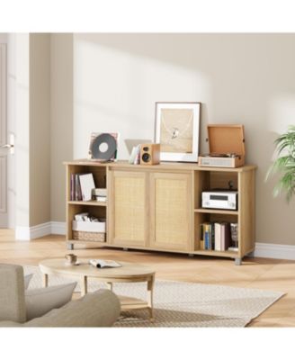 70 Inch TV Stand, Mid-Century Modern Entertainment Center with Rattan Cabinet Doors, Media Console with Open Shelves