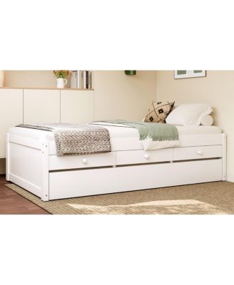 Twin Platform Bed with Trundle and 2 Drawers, Solid Wood
