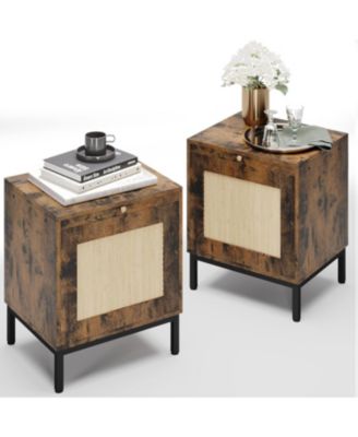 Natural Rattan Nightstand Set of 2, Boho Bedside with Storage, End Table with Natural Rattan Decorated Drawers, Solid Metal Legs