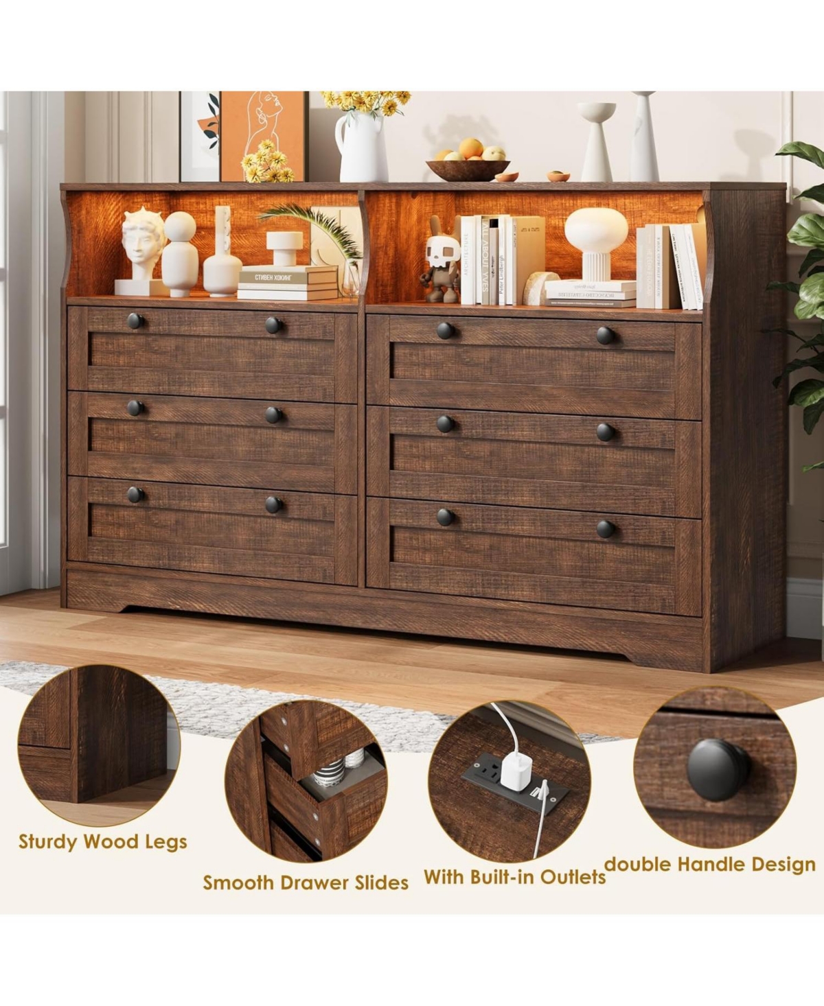 gaomon Dresser for Bedroom Deep Drawers, Wide Wooden Bedroom Dressers with Power Outlet and Led Lights, Large Modern 6 Drawers Dressers