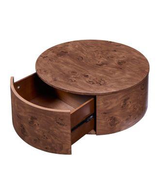  Burl Wood Rotating Coffee Table with 2 Drawers, 360° Rotating Top, Walnut, 28.4"
