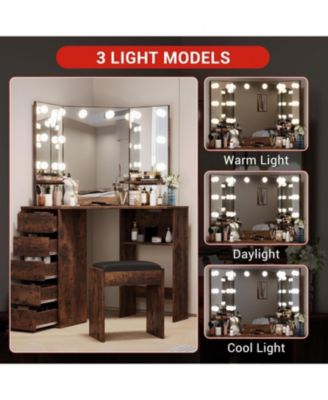 Corner Vanity Desk with Mirror, Lights, Power Outlet, Adjustable 3 Color & Brightness Lighting, Corner Makeup Vanity with Stool