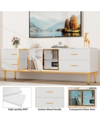 TV Stand with LED Lights, Modern Entertainment Center with 4 Drawers & Shelves & Glass Doors, TV Console Table for TV