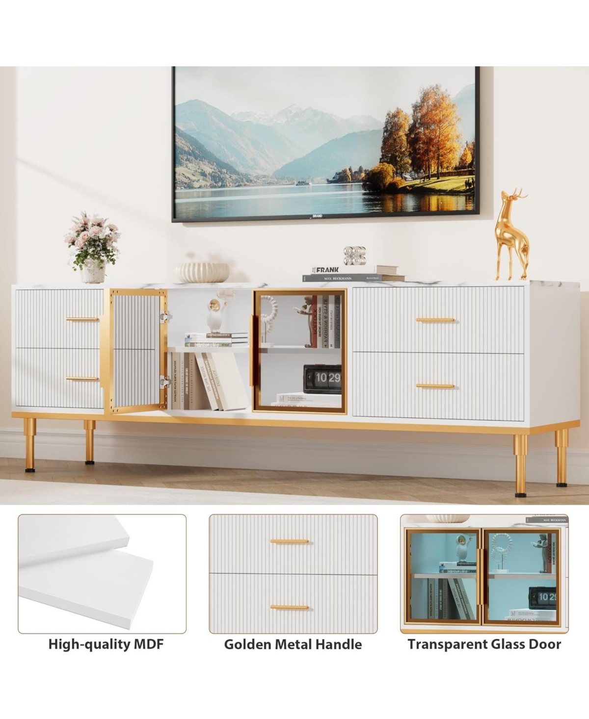 gaomon Tv Stand with Led Lights, Modern Entertainment Center 4 Drawers & Shelves Glass Doors, Console Table for