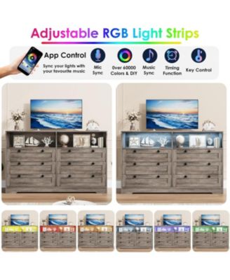 Wood Dressers for Bedroom with 6 Drawer, Wooden Dresser with LED Lights and Power Outlet, Modern Chest of Drawers for Living Room Entryway