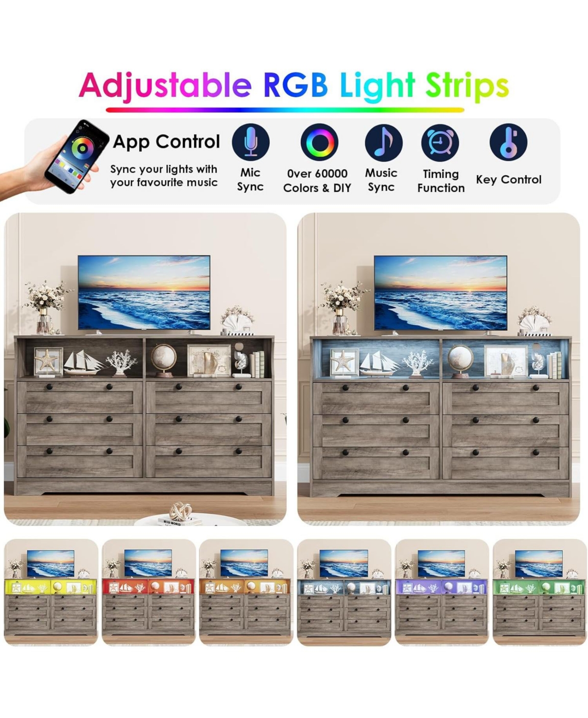 gaomon Wood Dressers for Bedroom with 6 Drawer, Wooden Dresser with Led Lights and Power Outlet, Modern Chest of Drawers for Living Room Entryway