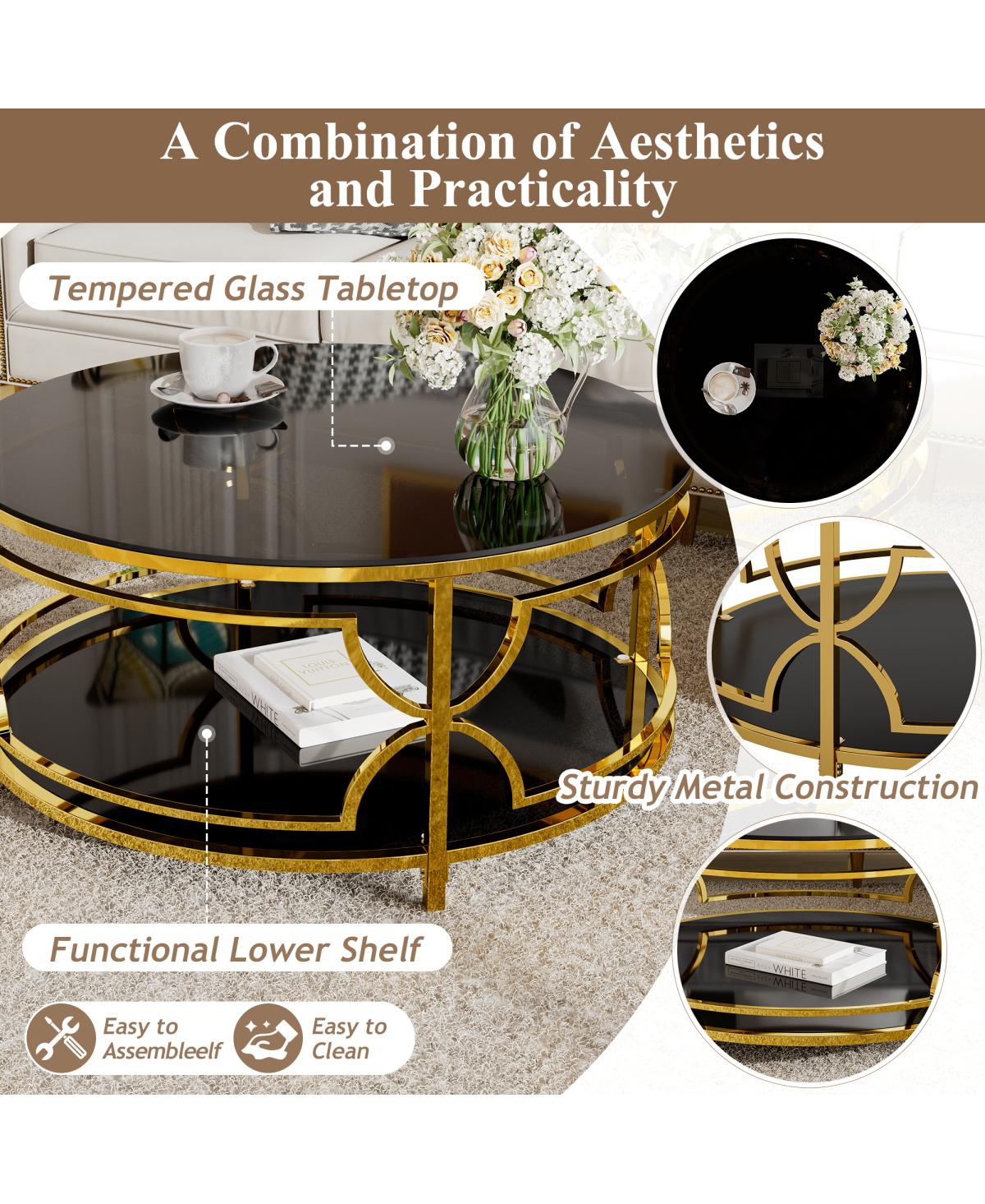 Streamdale Furniture Streamdale Round Tempered Glass Coffee Table, 30.7", Gold Geometric Metal Frame, Shelf