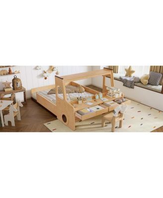 Full Size Car-Shape Floor Bed with Storage, Window, and Desk