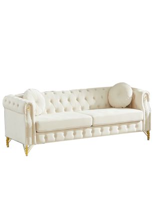 Velvet Chesterfield Sofa with Pillows & Studs, Metal Legs.