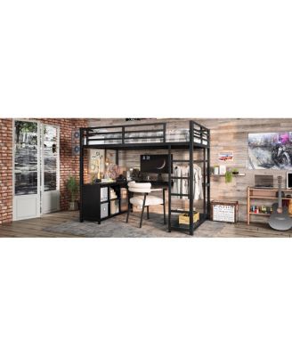 Metal Loft Bed with Wardrobe, L-shaped Desk & Storage, Black