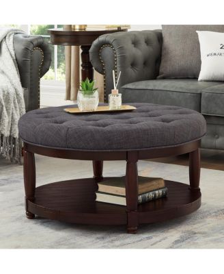 Large Round Tufted Linen Ottoman Coffee Table with Wood Shelf