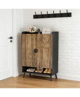 7-Tier Shoe Cabinet, Wooden Shoes Rack, Shoe Storage Organizer with Doors and Adjustable Shelves for Entryway, Hallway (Black + Brown)