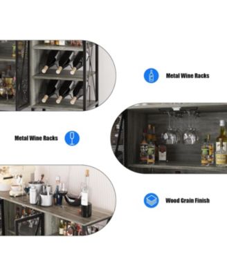 Farmhouse Wine Bar Cabinet with Wine Rack, Glass Holder, LED Light, Metal Sideboard and Liquor Storage Cabinet