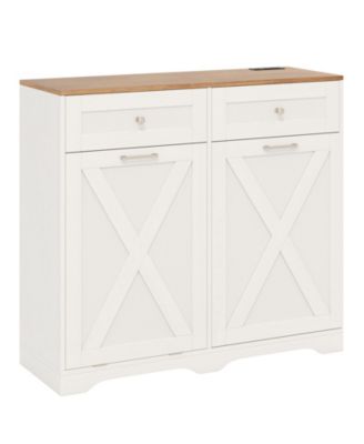 Tilt Out Trash Can Cabinet with Outlets and Adjustable Shelf