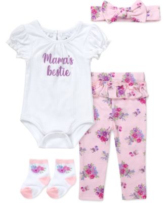 Baby Girls' Mamas Bestie Lettering Bodysuit, Leggings, Socks and Headband, 4-Piece Set