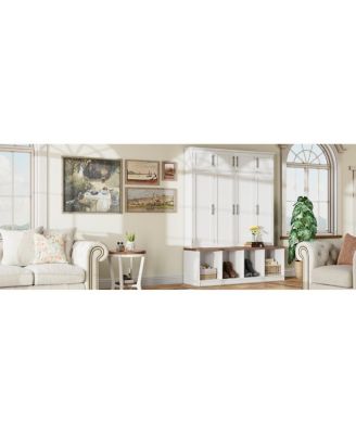 Farmhouse Hall Tree with Hidden Hooks & 8-Door Bench
