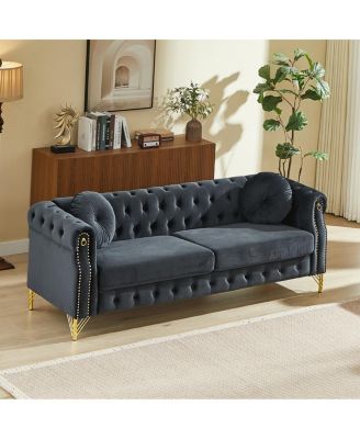 Velvet Chesterfield Sofa with Pillows & Studs, Metal Legs