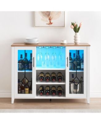 Wine Bar Cabinet with LED Light and Detachable Rack Wine Cabinet with Mesh Door Liquor Cabinet with Glass Holder Coffee Bar for Liquor