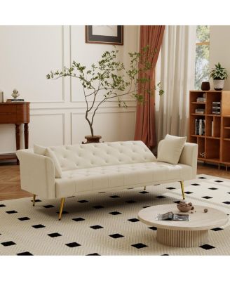 Modern 72" foldable sleeper sofa, beige velvet, retro style.
