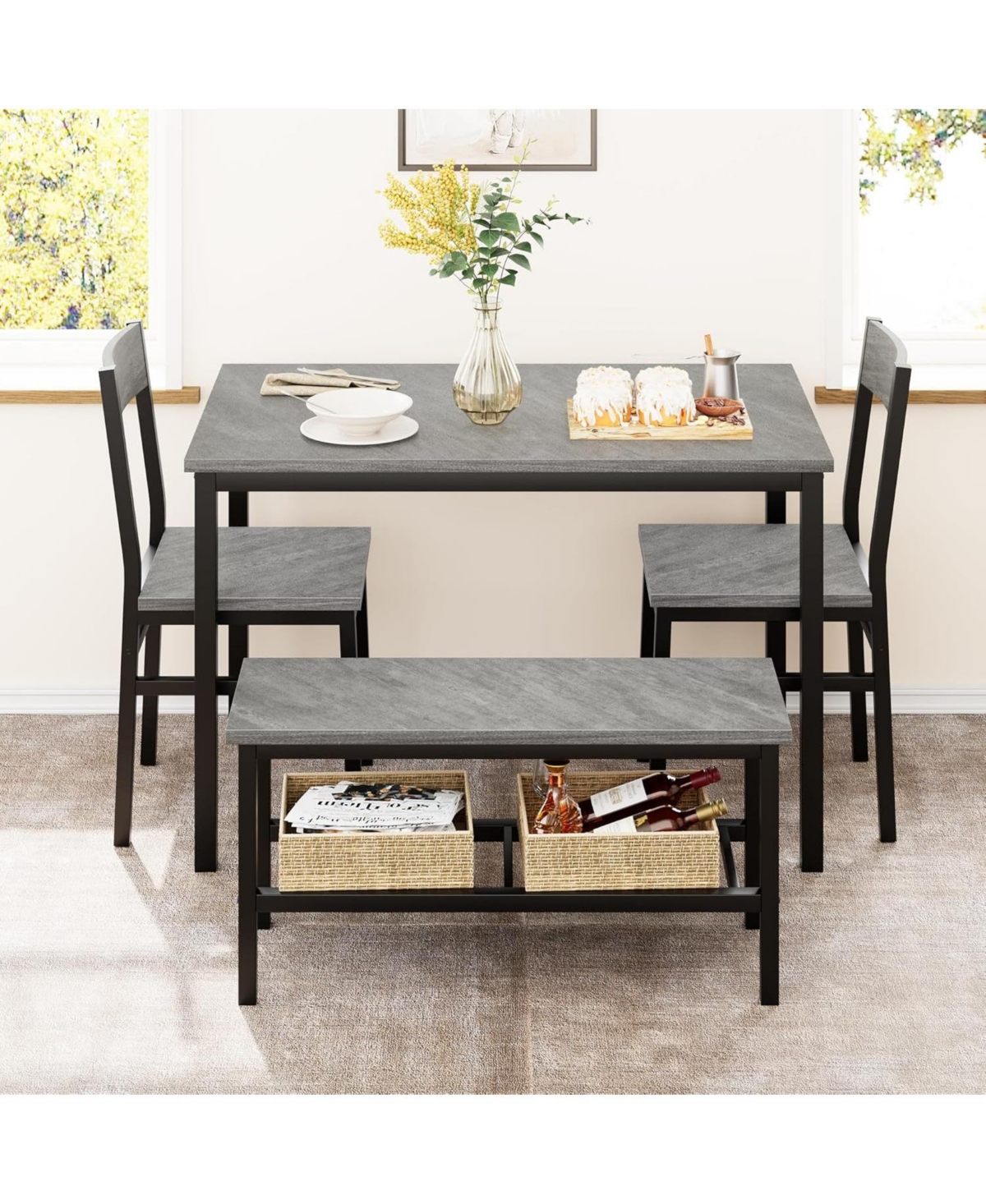 gaomon Dining Table Set for 4, Modern Kitchen Table with Chairs and Bench, 4 Person Dining Set with Metal Frame and Storage Rack