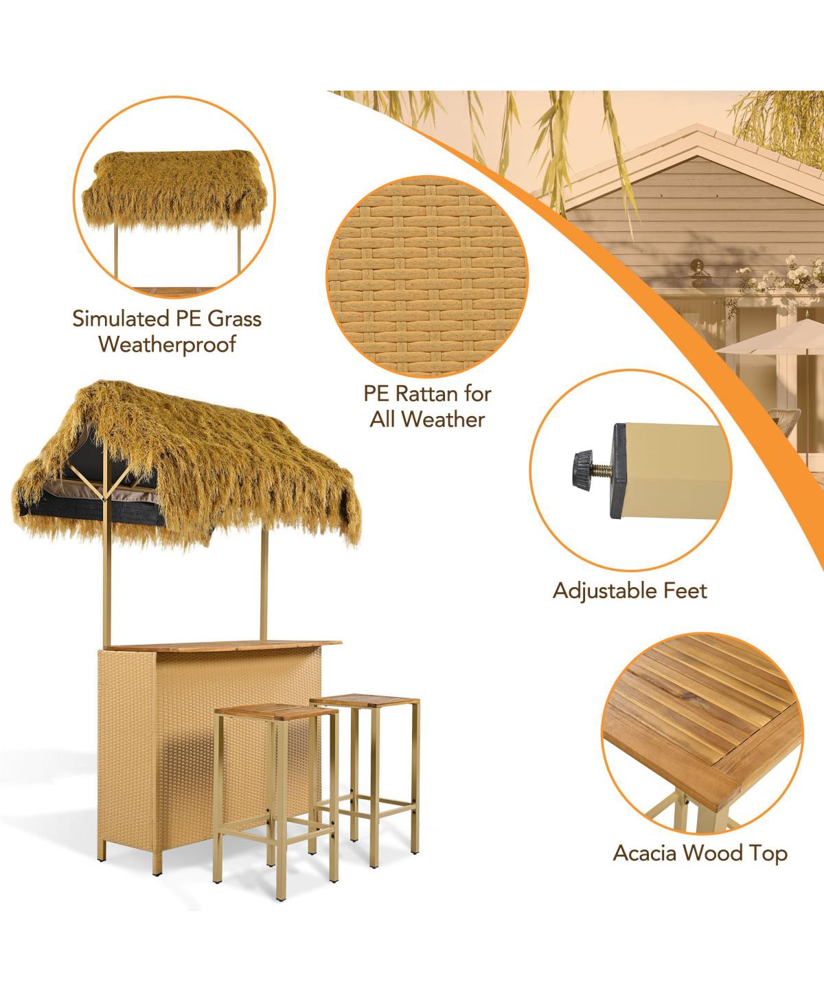 Streamdale Furniture Hawaiian-style Bar Height Patio Set with Pe Grass Canopy