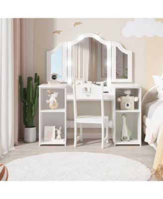Kids Vanity Set with Mirror, 2-in-1 Wooden Toddler Vanity Table with Stool, Tri-Folding Mirror and Drawer for Pretend Play