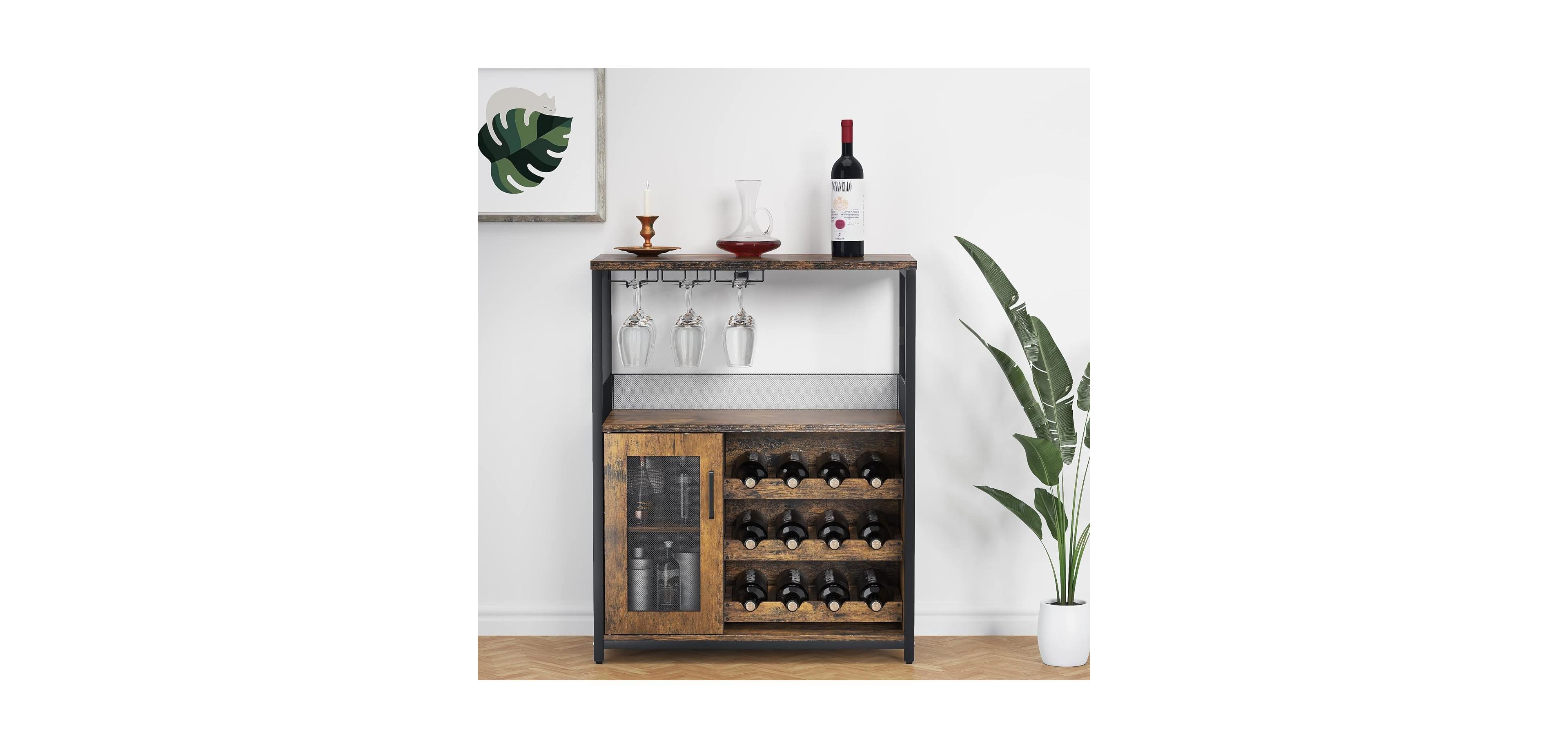 gaomon 3-Tier Wine Bar Cabinet with Detachable Wine Rack and Drawer Industrial Sideboard and Buffet Cabinet with Glass Holder and Mesh Door