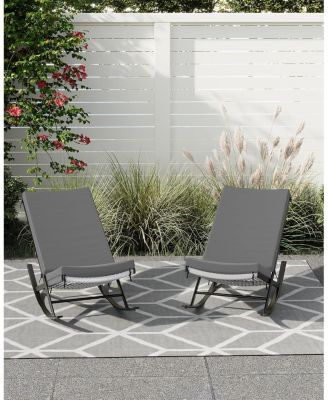 Outdoor Rocking Lounge Chair Set of 2, Patio Chaise Lounge with Removable Cushion for Napping Relaxing, Indoor Reclining Papasan Rocker Chair