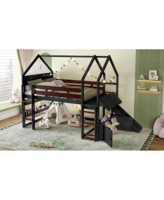 Loft Bed with Bookshelf, House-Shaped with Slide
