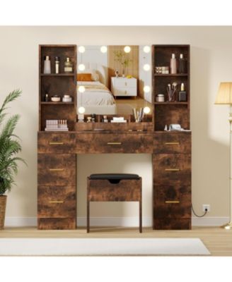 56in Modern Vanity Set with LED Lighted Mirror - Farmhouse Makeup Vanity with Power Outlet and Storage Shelves
