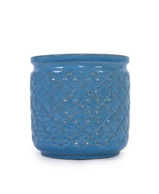 Handmade Ceramic Flowerpot Set of 3, Blue Geometric Pattern, 15/12/9 Inch Diameter